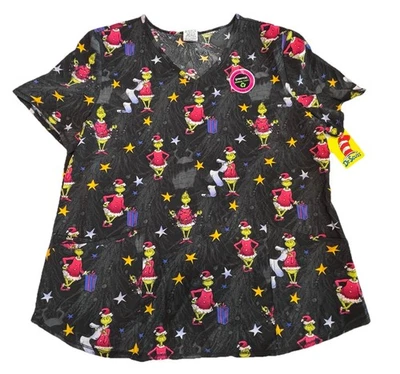 Dr Seuss Grinch Scrub Top Women’s XL V Neck Christmas Holiday Print NWT - Image 1 of 4