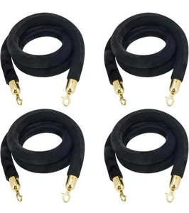 4 Piece 6.5ft Black Velvet Stanchion Rope Crowd Control Queue Barrier Gold Clasp - Picture 1 of 6