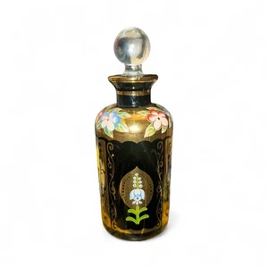 Bottiglia profumo tappo vetro corporazione oro smalto vetro nero Boemia ceca vintage - Foto 1 di 6
