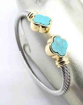 NEW 18kt Gold Plated Blue Turquoise Clover Flower End Tips Cable Cuff Bracelet - Image 1 of 4
