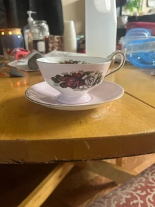 English Fine Bone China Red and White Roses Footed Tea Cup and Saucer - Picture 1 of 2