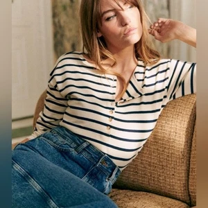 Sezane Stripe Gatsby Mariniere Cotton Long Sleeves Shirt Ecru Navy Size Medium - Picture 1 of 11
