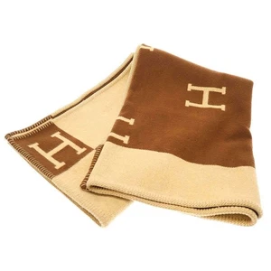 Hermès Avalon Plaid Blanket Cashmere Blend Brown Beige Luxury Home Used - Picture 1 of 7