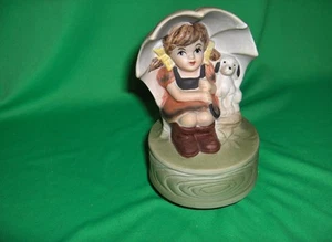 Vintage Porcelain Bisque Girl Dog Umbrella Music Box - Picture 1 of 1