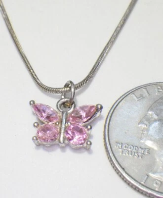 Dainty Marquise & Round Crystal Butterfly Pendant Necklace ST Snake Chain 15" - Image 1 of 2
