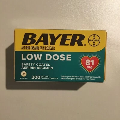Bayer régimen de aspirina dosis baja 81 mg comprimidos recubiertos entéricos analgésicos 200ct Foto 1 de 2