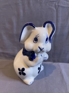 Vintage Ceramic Blue/white Floppy Ear Bunny Bank With Rubber Stopper Adorable - Picture 1 of 7
