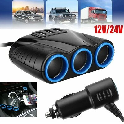 New Cigarette Lighter Socket 3 USB Charger Splitter 12V Outlet Power Adapter Car - Image 1 of 4