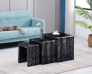 Nest of 3 Tables High Gloss Marble Effect Finish with Black Tempered Glass Top - Picture 1 of 3