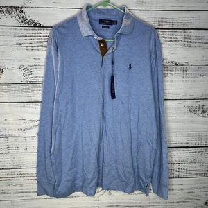 New Polo Ralph Lauren Long Sleeve Polo Shirt Heather Blue Soft Cotton Mens Large - Picture 1 of 6