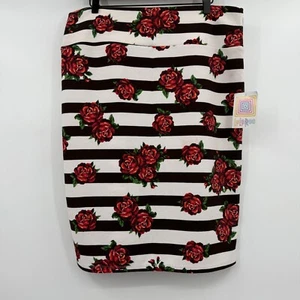 Lularoe Skirt Women 2XL NEW Black White Cassie Striped Floral Red Roses Stretch - Picture 1 of 11