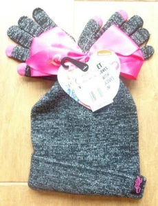Jojo Mädchen Neu mit Etikett Jugend schwarz mit rosa Schleife Mütze & SMS-Handschuh Set - Bild 1 von 4