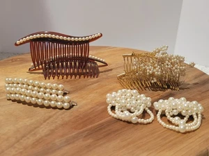 Juego de 4 peines y pasadores vintage de perlas de la era de los años 60 accesorio para el cabello Updo - Imagen 1 de 11
