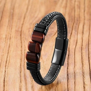 Tigerauge Heilarmband - Naturstein, geflochtenes Leder, Stahlverschluss Chakra - Bild 1 von 23