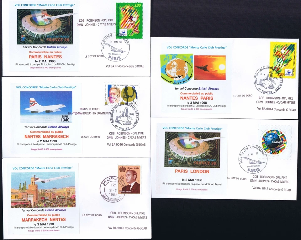 JUEGO DE CINCO CUBIERTAS BA CONCORDE-PARÍS-NANTES-MARRAKECH-NANTES-PARÍS-LONDRES_ESCASO Foto 1 de 1