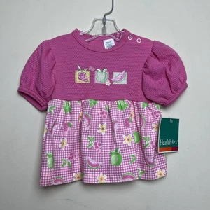 VTG HealthTEX Girls Dress Top Pink Fruit Waffle Knit Gingham Puff Sleeves 18 M - Picture 1 of 14