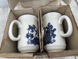 Vintage Churchill Blue Willow Tall Mugs Coffee Tea Cups Made in England Set Of 2 - Picture 1 of 18