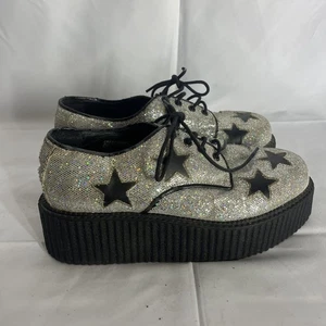 Demonia Creeper-404 Platform Shoes Silver Stars Size 9 Women’s Goth *Peeling - Picture 1 of 14