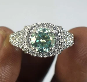 Certified Green Diamond Solitaire 3.36 Carat Round Brilliant Cut Birthday Ring - Picture 1 of 9
