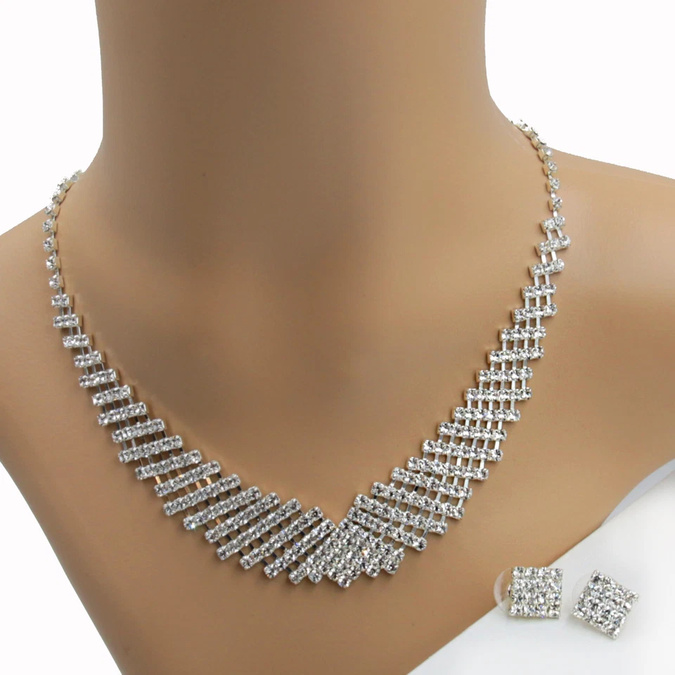 Set Gioielli Collier Orecchini Cristalli Strass Sposa Collana Argento 11 - Immagine 1 di 3