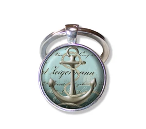 Nautical Anchor Symbol of Strength - Handmade ROUND Glass Pendant KEY RING - Picture 1 of 7