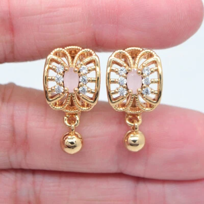 Pendientes Huggie Flor Colgante Bola Redonda Topacio Místico Rojo Relleno Oro Amarillo 18K Foto 1 de 4
