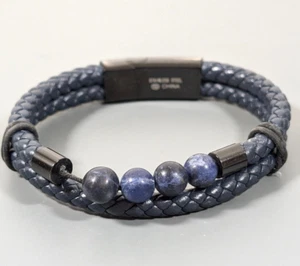 Blue Stone Braided Leather Cord Magnetic Bracelet Stainless Steel 8 inch - Picture 1 of 9