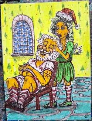 Masaje temporal Santa Getting de Elf Jane ATC ROBLE ORIGINAL 3,5 x 2,5 pulgadas ACEO Foto 1 de 3