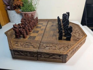 Hand Carved Wooden Balinese Chess with 32 Pieces & Backgammon and draught board - Picture 1 of 24