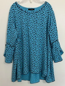 Ali Miles blau schwarz gepunktet Crinkle Bluse Tunika künstlerisch Blumen Knöpfe 3X - Bild 1 von 6