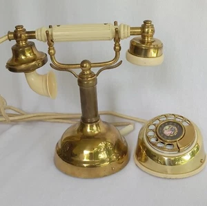 Antique Telephone Brass Victorian style Cloth cords Works fully Unique 60s - Picture 1 of 17