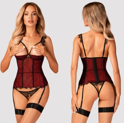OBSESSIVE SET CORSET OUVERT STRING strapscorsage reizwäsche schwarz rot bügel - Bild 1 von 4