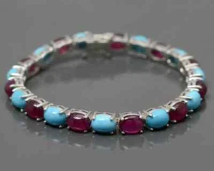 Natural Ruby Cabochon & Turquoise Antique Bracelet,925 Sterling Silver,Gift - Picture 1 of 4