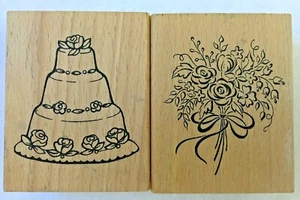 Hochzeit Thema Stempel Set 2 Hochzeitstorte Blumenstrauß Holz Halterung Scrapbook Karten basteln - Bild 1 von 3