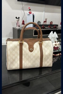 GUCCI Auténtico Marfil Lona Cuero Tostado Borde Boston GG Supreme Lona Doctor Foto 1 de 4