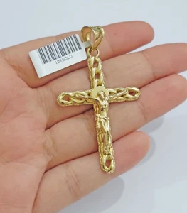 10K Yellow Gold Cross Pendant Mens Jesus Crucifix Charm 2.5 Inch For Thick Chain - Picture 1 of 7