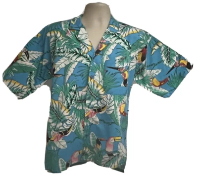 Toucan Dance Mens Blue Floral Vintage Hawaiian Button Shirt Small Pocket Birds - Image 1 of 4