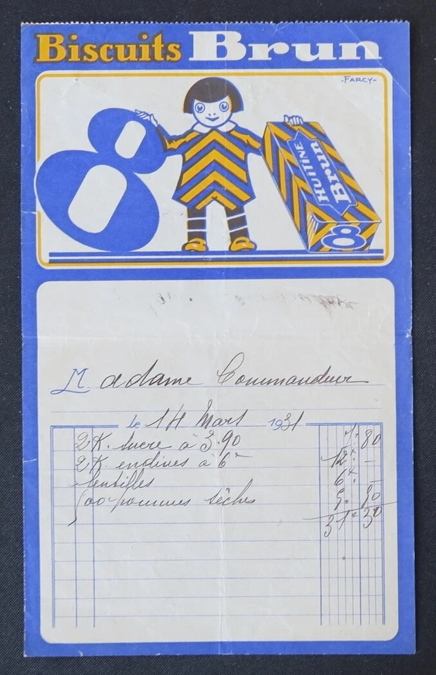 1930 LES GALLETAS MARRONES 8 por FARCY coche ilustrado billhead 109 - Imagen 1 de 1