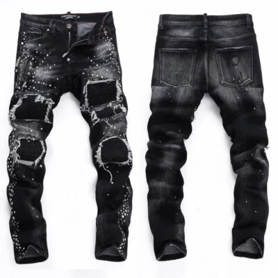 Pantalones de mezclilla para hombre punk rasgados plisados calce ajustado parche de PU remache elásticos negros de motociclista Foto 1 de 4