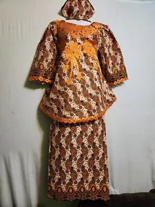 Abbigliamento donna africano stampa cera pizzo con gonna avvolgente tuta arancione oro taglia gratis - Foto 1 di 11