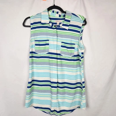 Camisa Merona Sin Mangas Cuello Abotonada Rayas Azul Verde Blanco Talla Mediana Foto 1 de 4