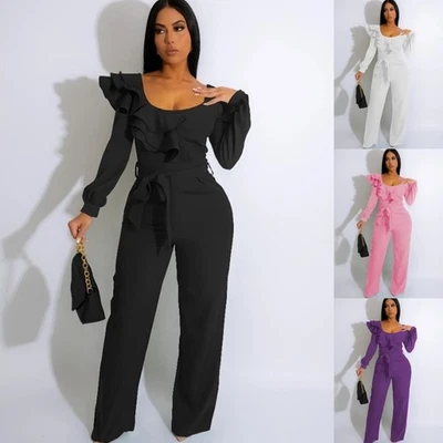 Mujeres Sexy Mono Manga Larga con Cordón-Elegante Mameluco con Pantalones de Pierna Ancha Foto 1 de 4