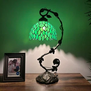 Tiffany Style Table Lamp Green Stained Glass Leaves LED Bulb 21"H*11"W*8"D - Picture 1 of 5