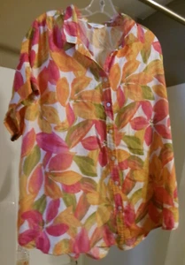 Hot Pink & Orange Print 100% Linen Short Sleeve Blouse Size 3X or 2X XXL SO - Picture 1 of 4