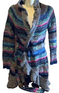 Damenmotte Marke X kleine grau mehrfarbig gestreifte hüftlange Strickjacke Schweiß - Bild 1 von 4