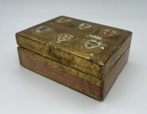 Vintage Tiny Wood Jewelry/ Trinket Box Embossed Design Gold with 6 Crests Design - Picture 1 of 10