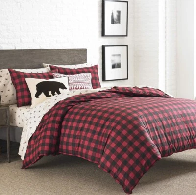 Eddie Bauer 100% Cotton Reversible Buffalo Plaid Twin Duvet Set Red/Black New - Image 1 of 4