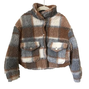 Zara Girls Sherpa Plaid Brown & Gray Crop Teddy Jacket Size 6-7 Years NWOT - Picture 1 of 10