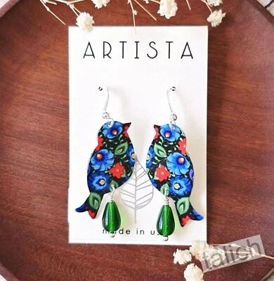 Artista Earrings Blue Red Colorful Vintage Floral Bird Green Bead Unique Gift - Image 1 of 4