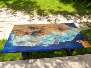 Ocean Wave Epoxy Resin Hallway Centerpiece Live Edge Acacia Wood Dining Tabletop - Picture 1 of 10